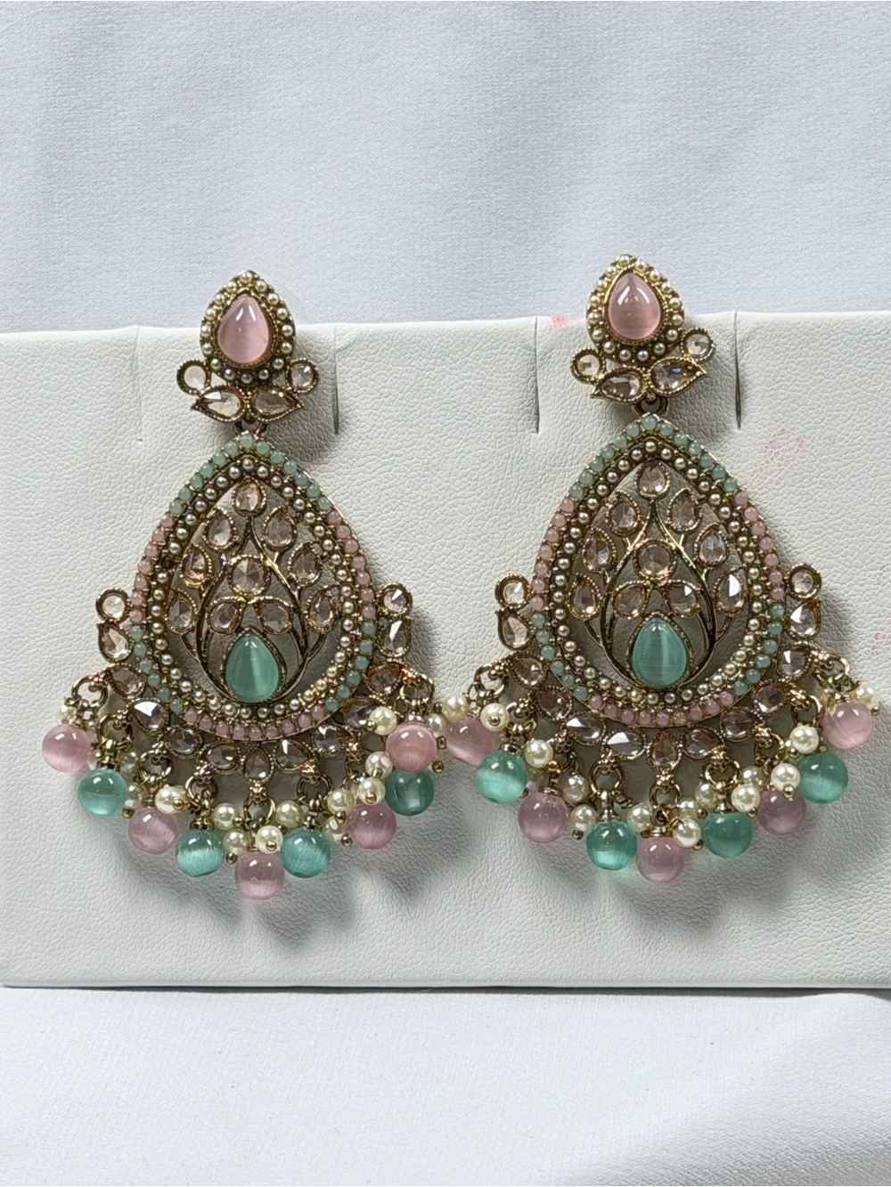 Elegant Pastel Green and Pink Chandbali Earrings by with Monalisa stone - Picture 5 of 6